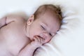 Portrait of a cuteÃÂ 3 month baby, boy or girl, on white background, sucking his finger Royalty Free Stock Photo